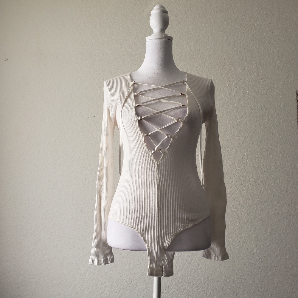 Sexy white lace up long sleeve bodysuit/teddy